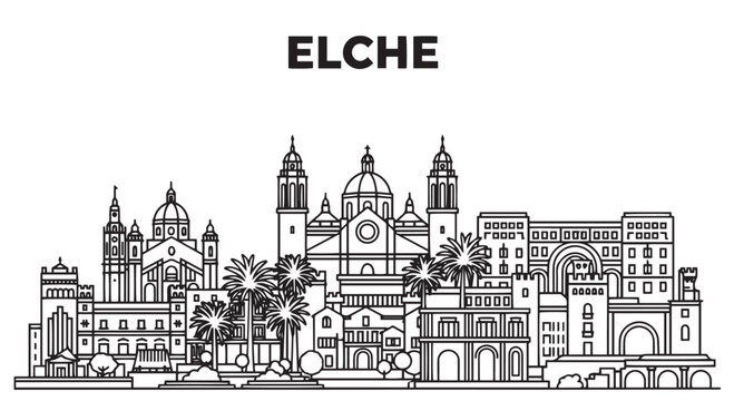 Elche Spain City Architecture Skyline Black and White Illustration