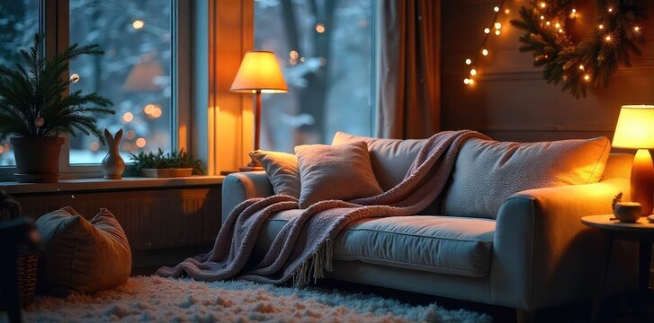 Cozy winter scene featuring a plush couch, soft blankets, and warm lighting, perfect for relaxation and comfort on a chilly evening , comfortable, fireplace, comfort