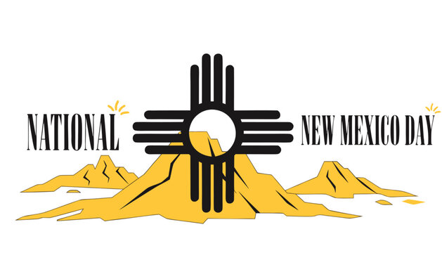 Black Zia symbol over yellow desert mountains for New Mexico Day