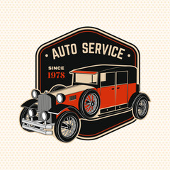 Vintage Classic Car Service Badge with Antique Automobile. Retro Automotive Garage Emblem for Restoration Workshop, Mechanic Branding and Classic Vehicle Enthusiasts © sivvector