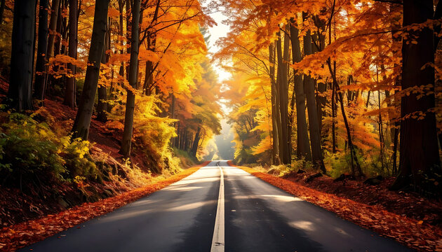 Sunlit autumn forest road with vibrant orange and yellow leaves, inviting journey, serene nature scene