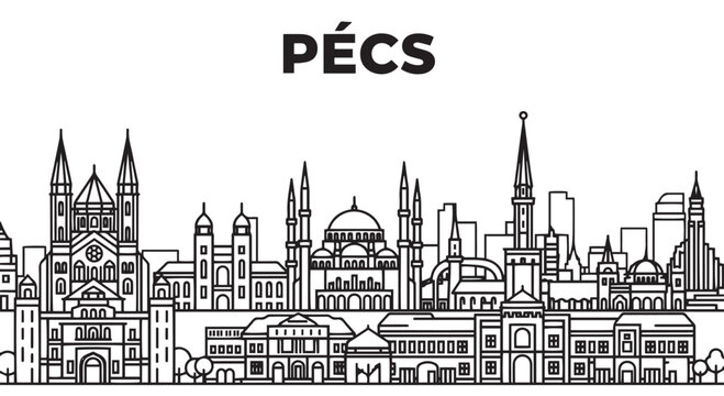 Pecs Hungary Skyline Vector Illustration Cityscape Black White