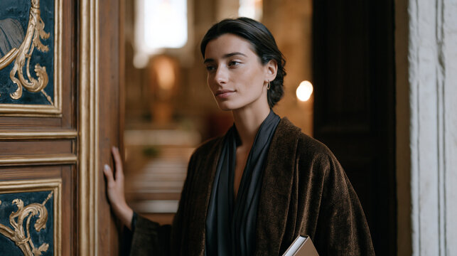 Young adult woman stands in cathedral doorway, one hand on ornate wooden door, looking inward at pews and altar she is leaving behind, newly purchased secular book tucked under