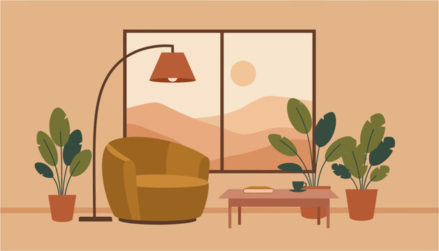 Cozy living room interior with armchair plants and window view during golden hour