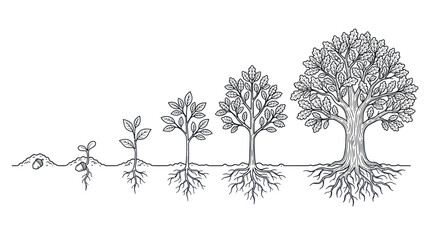 Oak Tree Life Cycle Line Art Illustration © Kill