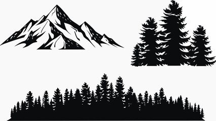 Black and white silhouettes of mountains and coniferous trees against a white background alpine ascent backdrop © Sujit