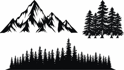 Mountain range and coniferous tree silhouettes against a white background a graphic nature composition alpine landscape © Sujit
