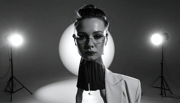 Stylish woman with glasses and avant-garde neckwear posing in a studio with dramatic lighting, fashion editorial, beauty concept, elegant presentation