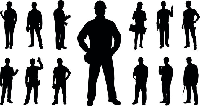 Construction worker silhouette vector collection featuring male and female engineers builders contractors and industrial laborers in hard hats on white background