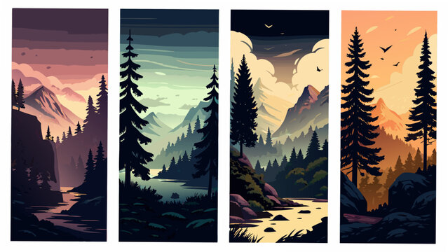 Four Vertical Panels Depicting Scenic Mountain Landscapes In A Vector Illustration Style range mountainscape alpine scenery