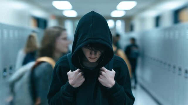Lonely sad teenager standing in busy school hallway. Depressed hooded student surrounded by blurred walking crowd. Teenage anxiety and bullying isolation concept