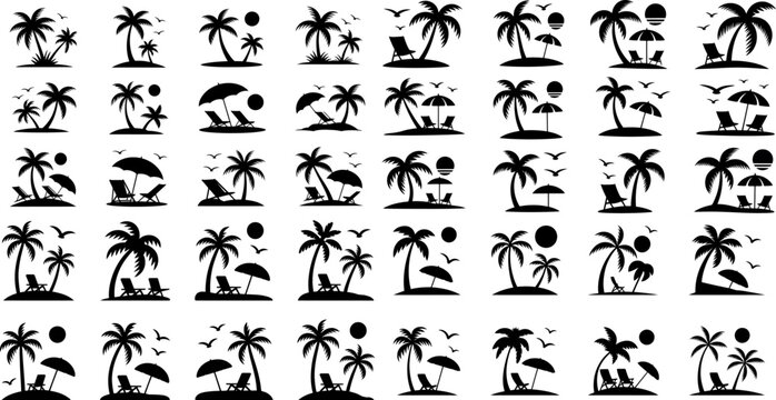 Set of Tropical Beach Island Silhouette Palm Tree Summer Vector 