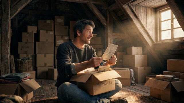 Smiling man sitting on attic floor looking at old photographs. Male homeowner unpacking cardboard boxes and remembering past. Moving house and nostalgia concept