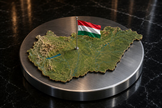 3D Relief Map of Hungary with National Flag and Geographic Features
