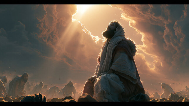 Martyrdom of Stephen: Holy man kneeling and gazing upward at the open heaven with overwhelming awe amid stoning.