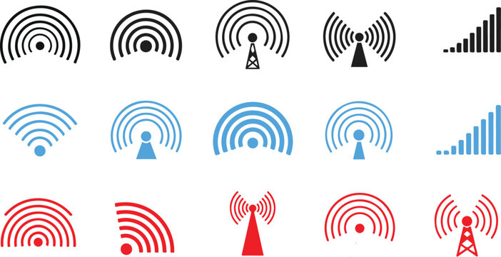 Wireless communication icons set wifi radio waves signal strength indicators