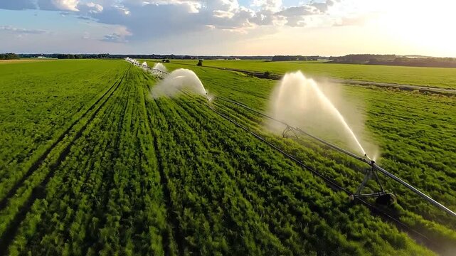 An aerial view of a large agricultural field being watered by a mechanical system