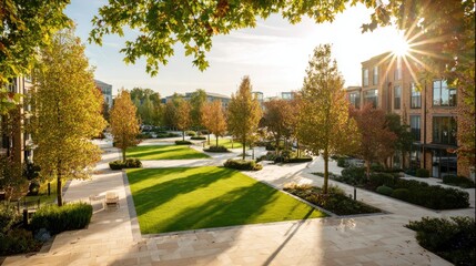 Obraz premium Sunny autumn park with trees, benches, and modern buildings