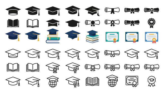 Graduation Hat Cap Icons Set &ndash; Academic Cap, Diploma & Student Education Vector Collection