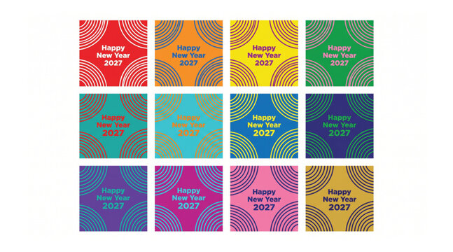 Set of 12 abstract circular corner pattern templates for happy new year 2027 with circular greeting template colorful collection celebration abstract seasonal invitation background