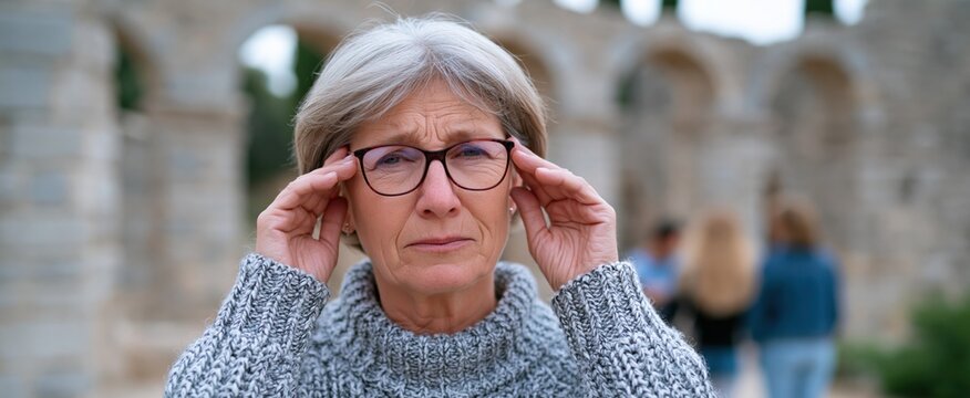 An elderly woman wearing a warm knit sweater frowns while fixing her glasses near weathered stone ruins, with soft lighting and subdued colors.