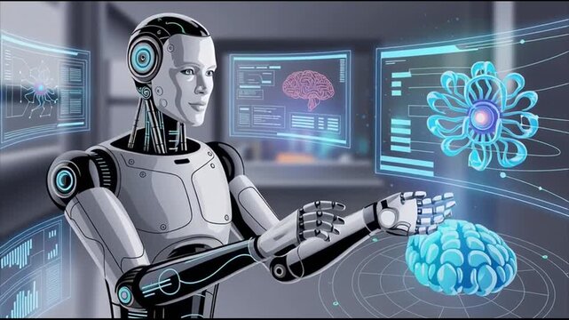 Robot interacts with digital brain interface.