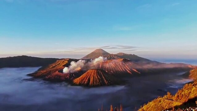 Bromo Volcano Sunrise with Sea of Clouds in East Java Indonesia 4K