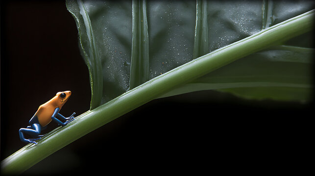 A tiny vibrant blue and orange poison dart frog resting on a large, wet tropical leaf, macro nature photography.