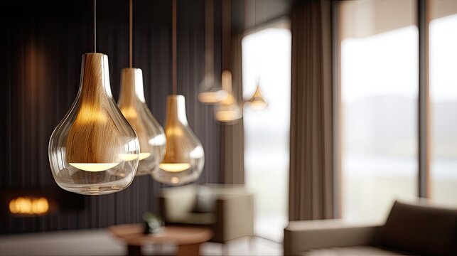Modern interior design with glowing pendant lights, fireplace, and soft furnishings