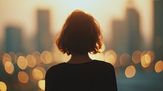 Woman's silhouette faces warm, glowing city lights during twilight's embrace