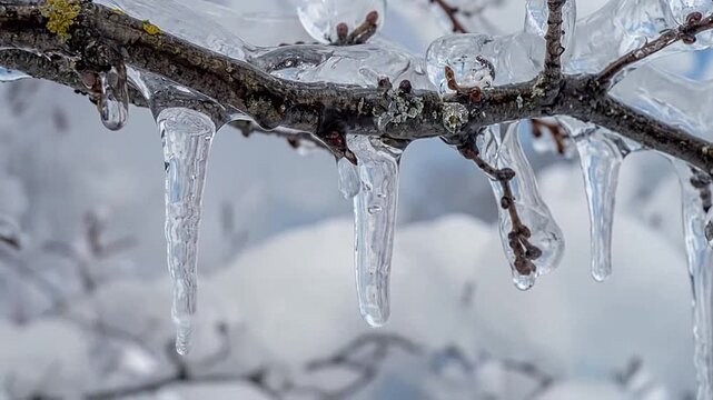 A close up view of sharp icicles hanging from a tree branch in winter