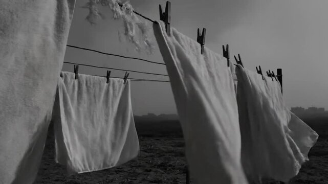 Black and white shot of white towels hanging on a clothesline in an overcast outdoor landscape with a distant horizon