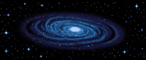 Obraz premium Pixelated vibrant massive galaxy and sparkling stars in cosmos. Panoramic deep space view in classic pixel art style with dithering effect for 8-bit retro game illustration.