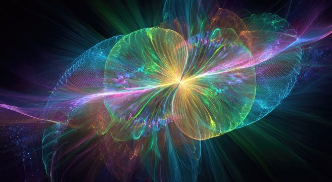 Luminous, ethereal cosmic energy bloom radiating vibrant colors against darkness