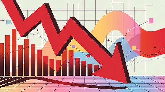 Concept of economic recession and stock market crash with a large red arrow pointing down over financial bar charts and graphs