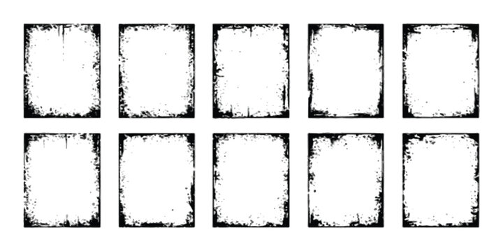Set of ten rectangular grunge frames with distressed black edges for vintage photo designs