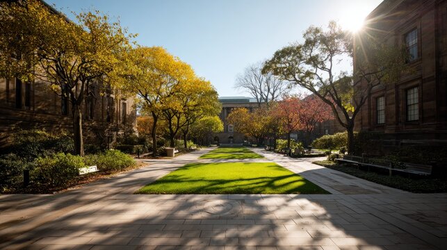 Autumn sunshine illuminates a courtyard bordered by stone buildings and trees