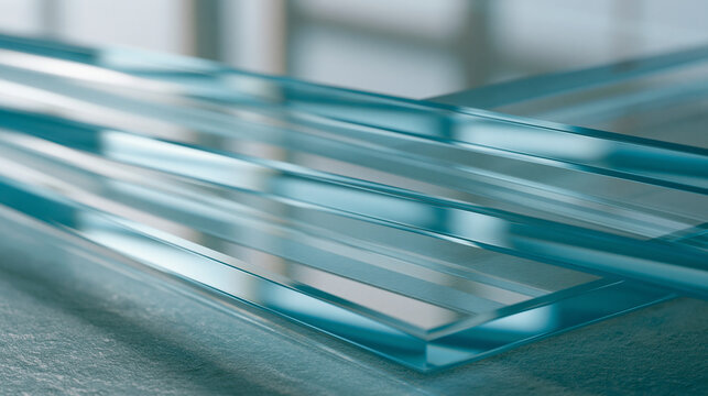 Stacked translucent glass sheets with overlapping edges casting subtle refracted shadow gradients, abstract minimal composition ideal for architectural glazing industry, optical