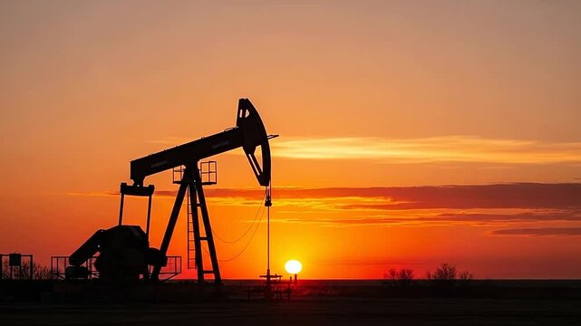A silhouette of an oil pump jack stands against a vibrant orange sunset sky