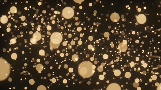 Suitable for backgrounds, overlays, holiday designs. Bright golden circular light bokeh against dark black backdrop adds elegance and festivity.