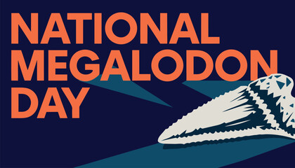 National megalodon day banner featuring a sharp giant shark tooth © vectyx2