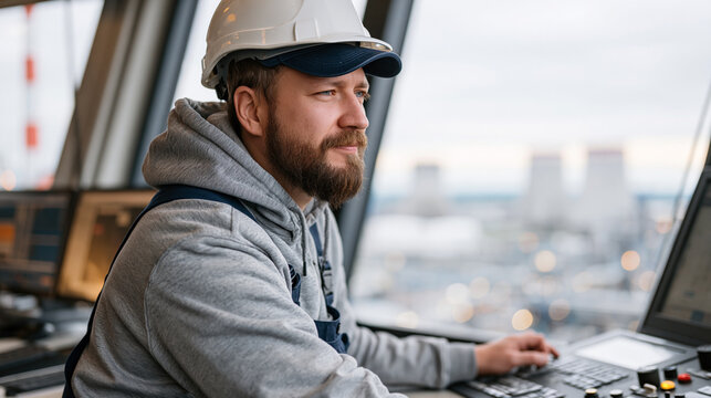 Process safety engineer in chemical plant monitoring ethylene cracker temperature readouts from glass-walled control room, overcast dramatic sky over cooling towers, chemical