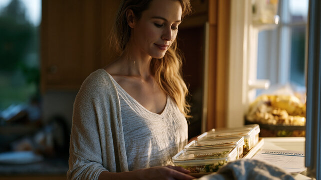 Nutritionist arranging a week's worth of glass meal-prep containers in a refrigerator labeled by day during early January, a printed elimination diet guide on the counter beside