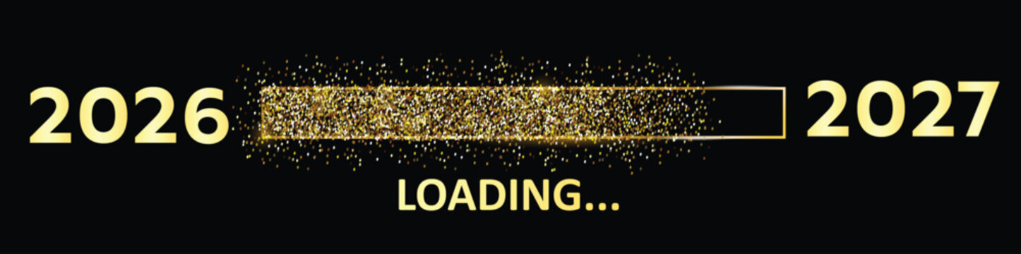 2027 New Year Loading Banner with Gold Glitter Progress Bar on Black Background