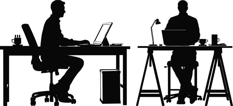 Businessmen silhouette vector featuring two office workers sitting at desks working on laptop computers side and front view isolated on white background