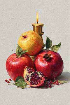 Watercolor Rosh Hashanah greeting with apples, candle, and Star of David, copy space included