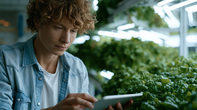 Vertical farm automation engineer adjusting hydroponic nutrient delivery rails inside stacked LED growing tunnel, cool light reflecting off leafy crop rows, agricultural
