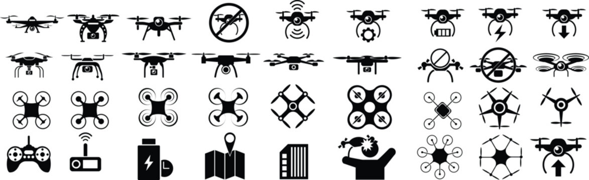 Drone technology collection with quadcopter, aerial photography and UAV control symbols