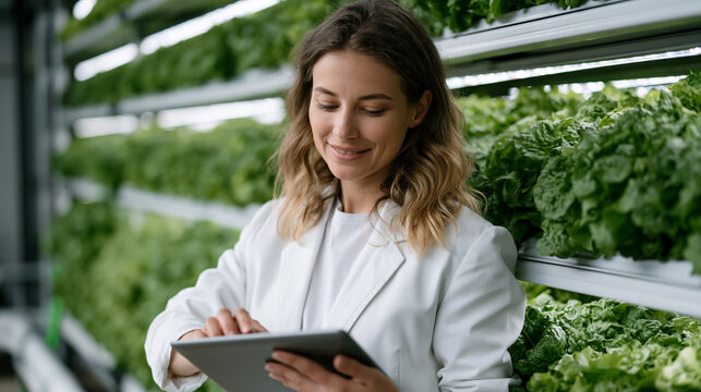 Vertical farm automation engineer adjusting hydroponic nutrient delivery rails inside stacked LED growing tunnel, cool light reflecting off leafy crop rows, agricultural