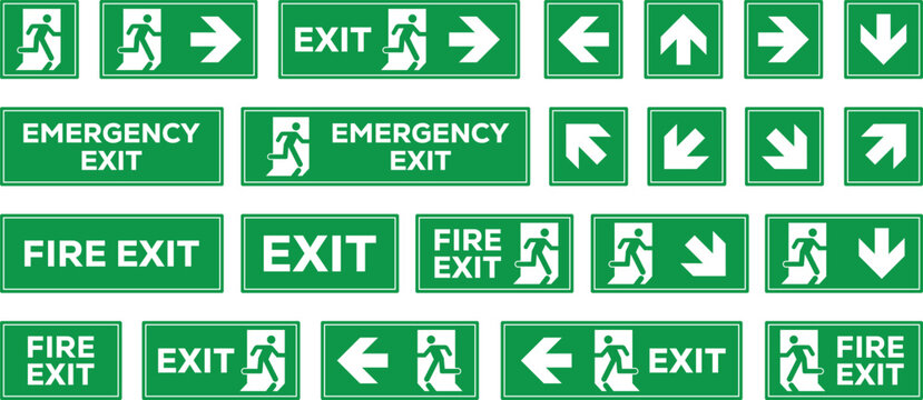 Emergency exit and fire exit sign collection with directional evacuation arrows